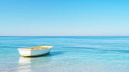 Naklejka premium Serene seascape with a small boat floating peacefully on clear turquoise waters under a bright blue sky : Generative AI