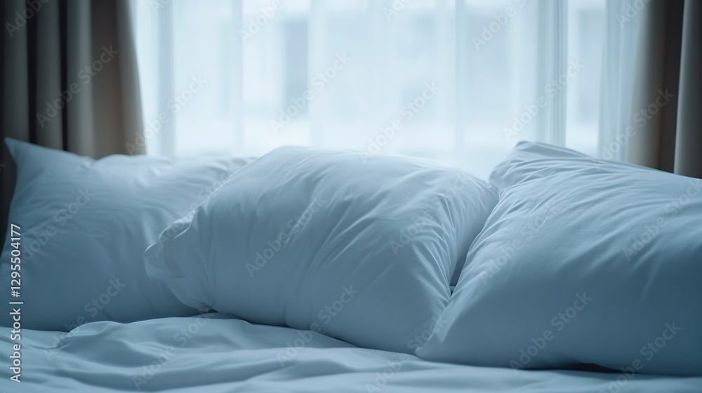 Poster comfortable bed with soft pillows and natural light streaming in : generative ai
