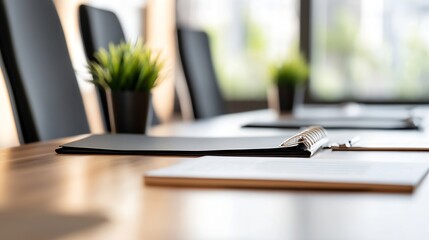 Minimalistic conference table setup featuring black folders and small green plants for a professional setting : Generative AI