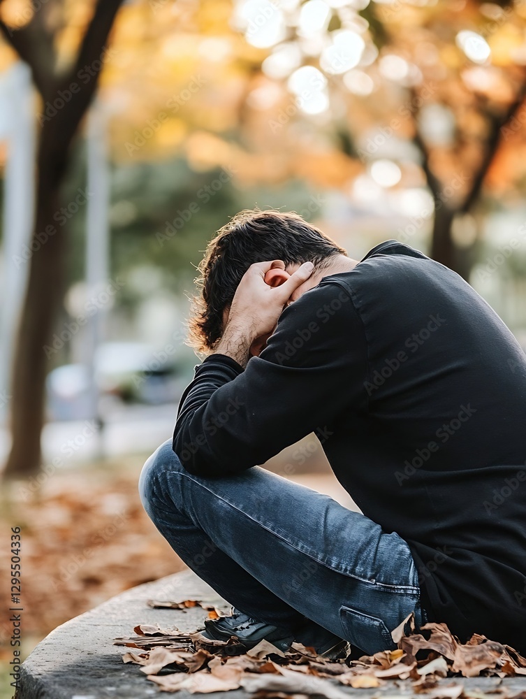 Aufkleber man sitting on a stone bench with his head in his hands reflecting feelings of sadness in an autumn 