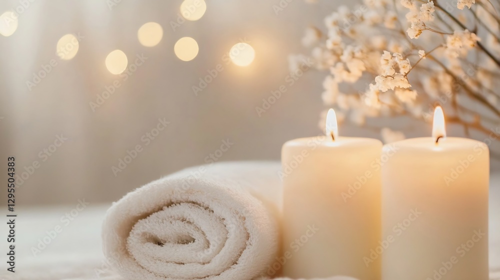 Leinwandbilder serene spa setup with candles and soft towel for relaxation and selfcare : generative ai