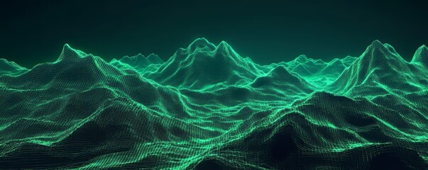 Stunning 3d grid displaying vibrant green mountains with green lighting on a dark background