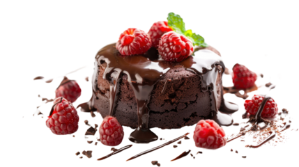Delicious chocolate cake with melted chocolate and fresh raspberries on transparent background