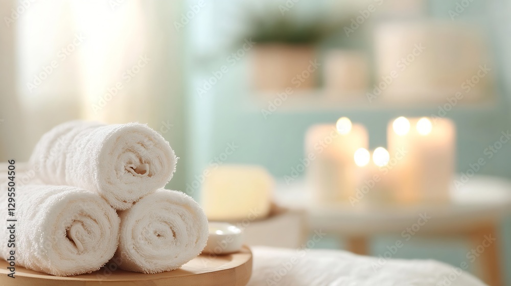 Aufkleber soft white towels on a wooden tray with scented candles in a cozy spa setting : generative ai