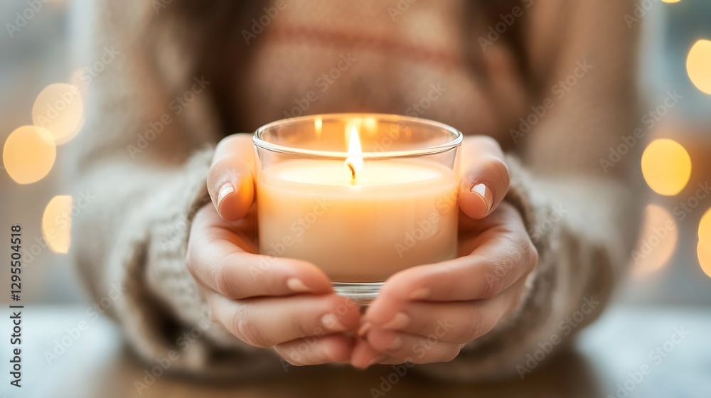 Leinwandbilder Serene Burning Candle Held in Warm Hands with Soft Bokeh Background : Generative AI