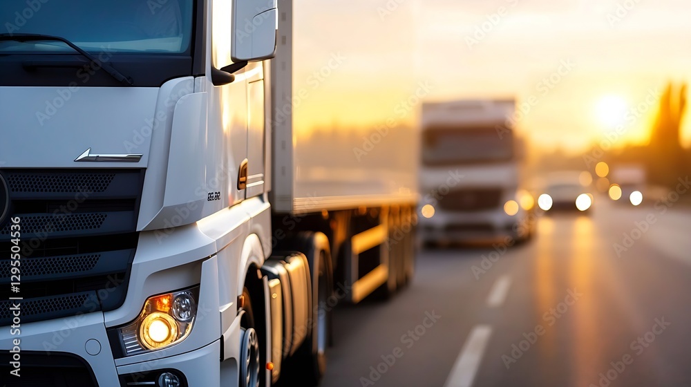 Poster dynamic view of a powerful white truck on a busy highway at sunset : generative ai