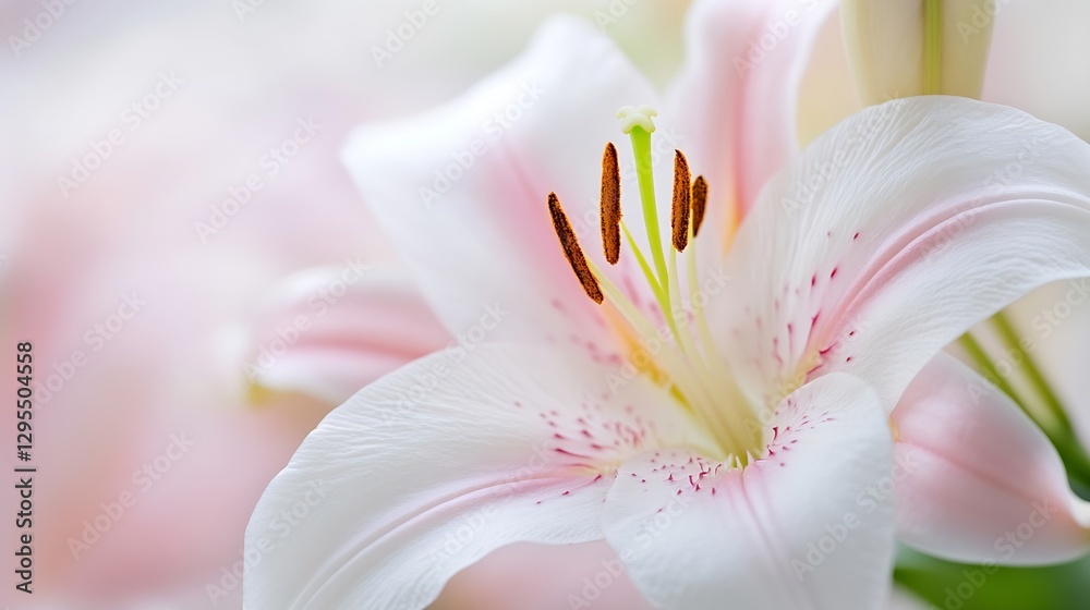 Poster beautiful close up of a pink and white lily flower in soft focus capturing its delicate features : g