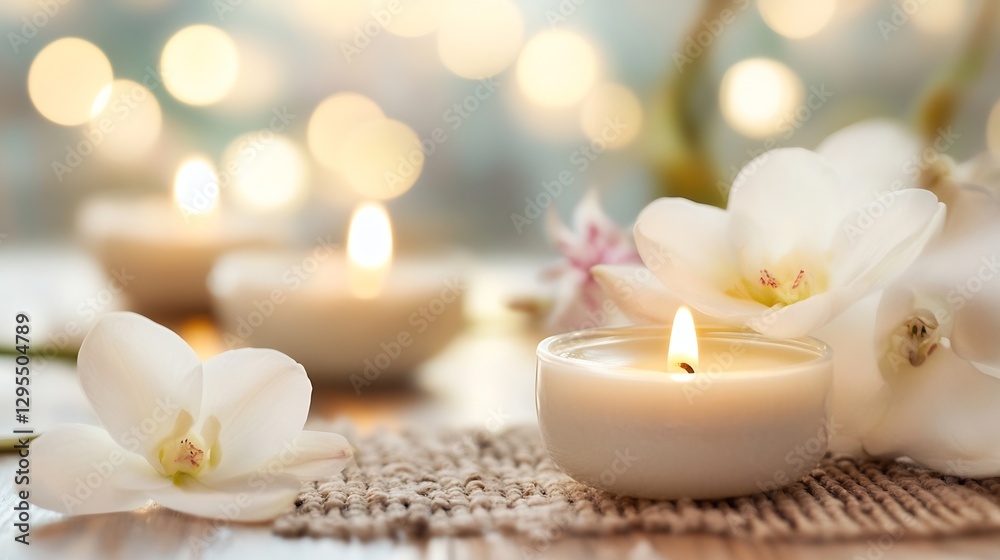 Aufkleber beautiful aromatic candles and white orchids creating a relaxing ambiance : generative ai