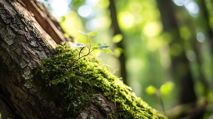 Obraz premium Close up of vibrant green moss growing on a tree trunk in a lush forest environment : Generative AI