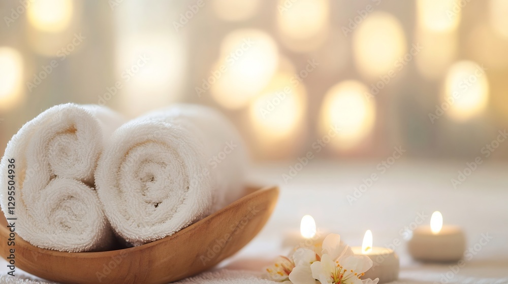 Aufkleber soft white towels in a wooden bowl surrounded by candles for a relaxing spa atmosphere : generative 