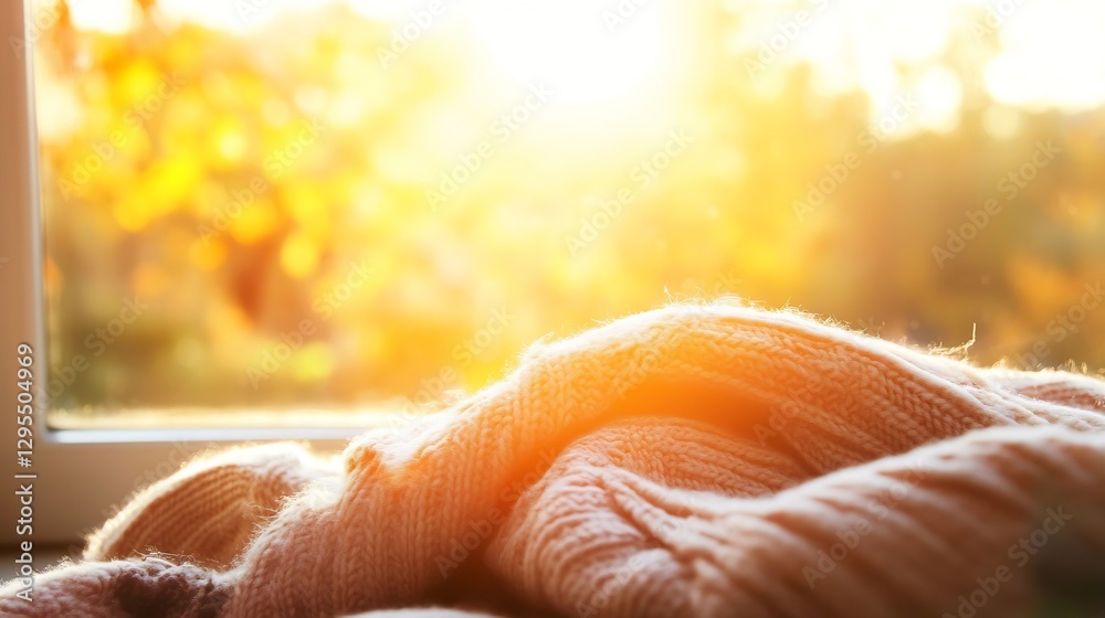 Poster knitted blanket resting on a cozy windowsill with autumn light : generative ai