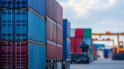 Fototapeta premium Vibrant Shipping Containers Stacked at a Busy Port with Blue Skies : Generative AI
