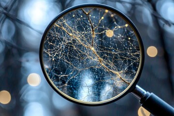 Futuristic digital network under magnification  glowing nodes in blue and gold tones