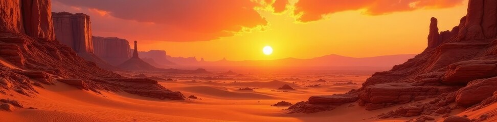 Obraz premium Sunset over vast orange desert landscape with twisted rock formations, abstract landscape, surrealism, natural wonders