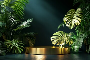 Obraz premium 3d golden abstract geometric platform with tropical leaves on dark background for product display
