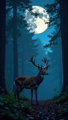 Moonlit forest deer standing alone, forest, wildlife, moonlight