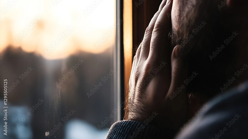 Aufkleber thoughtful man looking out of window with hands on glass watching the sunset : generative ai