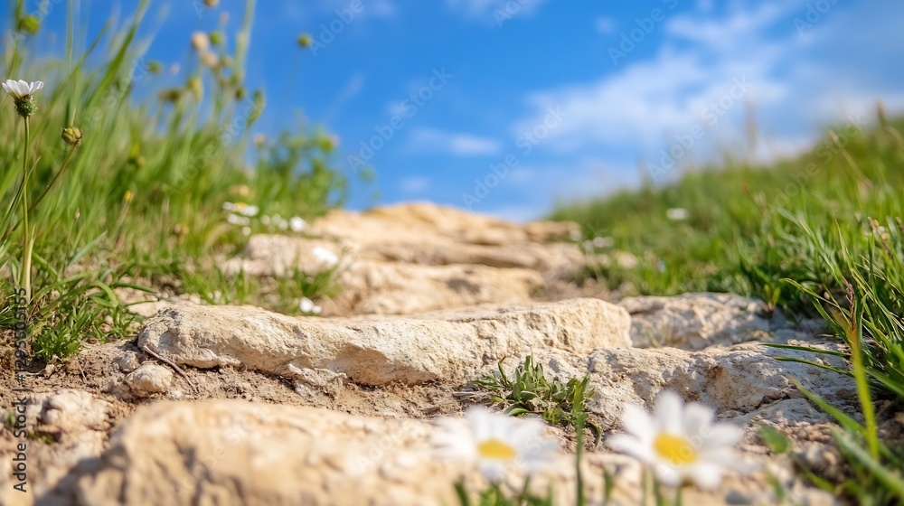 Poster rocky path leading through a field with white daisies under a cloudy blue sky in a serene landscape 