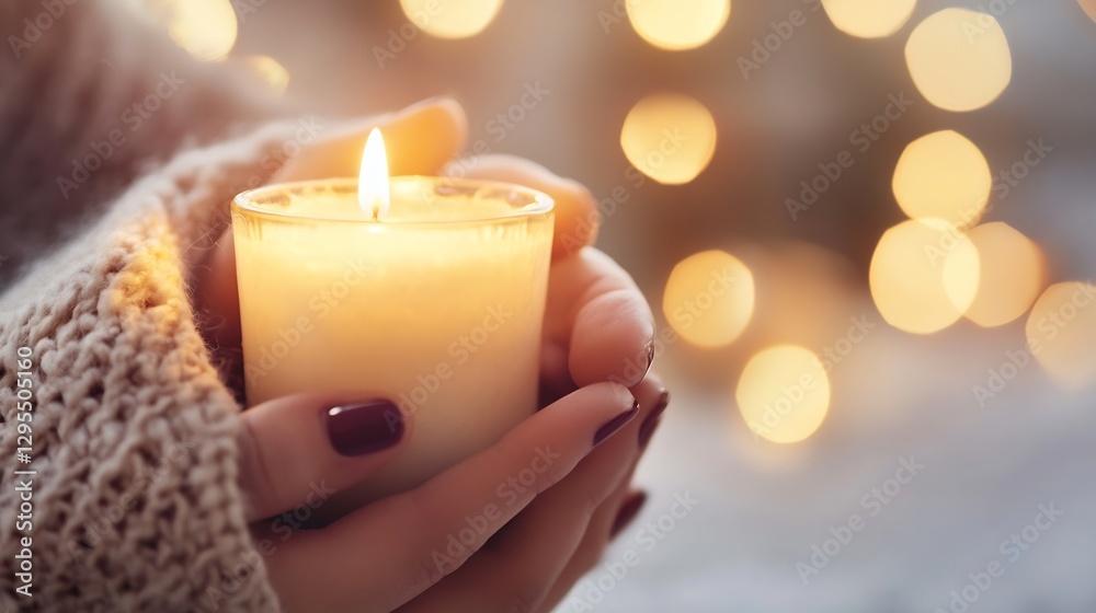 Poster warm candle light held in hands against a beautiful bokeh background : generative ai