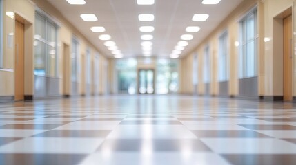 Fototapeta premium Abstract blurred canteen room background. Blurry office building or university lobby with a school hallway corridor out of focus