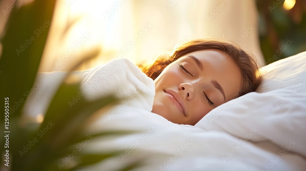 Poster smiling woman with relaxed expression lying on bed in warm light : generative ai
