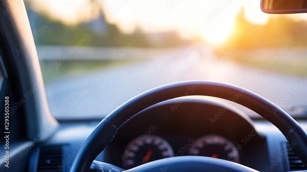 Poster scenic sunset view from the dashboard of a car ready to drive : generative ai