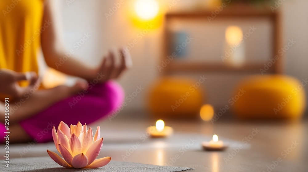 Poster serene yoga mediation practice with lotus flower and soothing candles in tranquil setting : generati