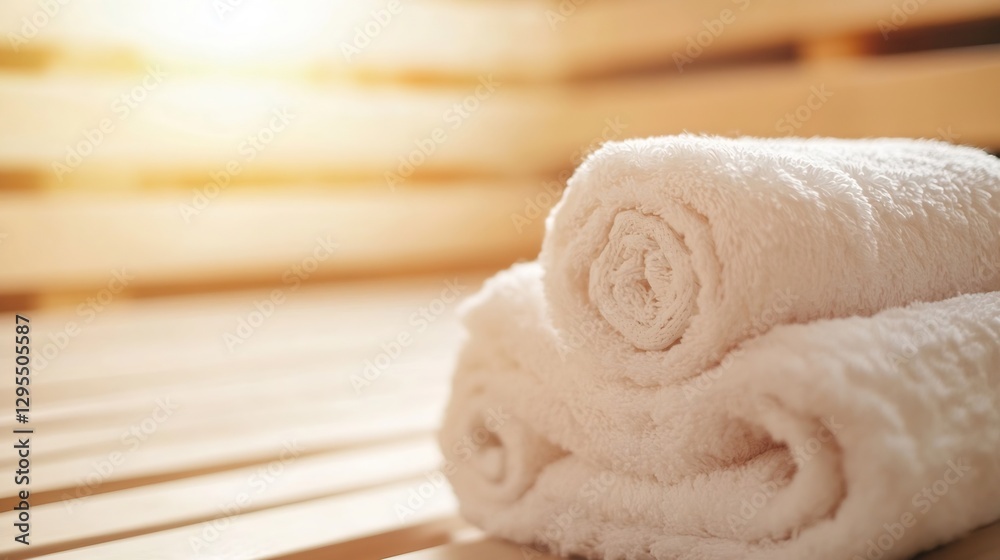Aufkleber luxurious soft white towels neatly rolled on wooden surface in a serene spa setting with gentle ligh