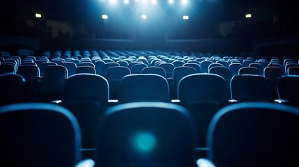 Empty movie theater seats illuminated by stage lights creating a dramatic and cinematic atmosphere : Generative AI