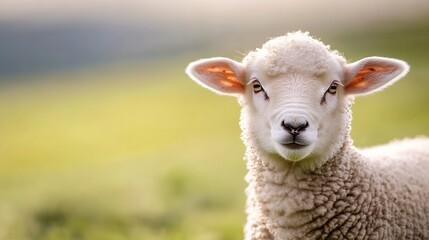 Fototapeta premium Cute and fluffy lamb with soft wool looking curiously at the camera in a green natural landscape : Generative AI