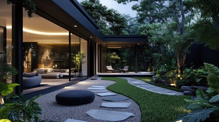 A modern house with a minimalist garden path design.