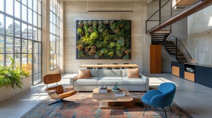 Fototapeta premium A modern indoor vertical garden with a mix of ferns and succulents.