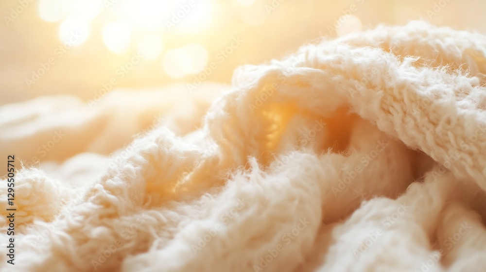 Poster soft texture of a fluffy cream blanket lit by a warm golden glow : generative ai