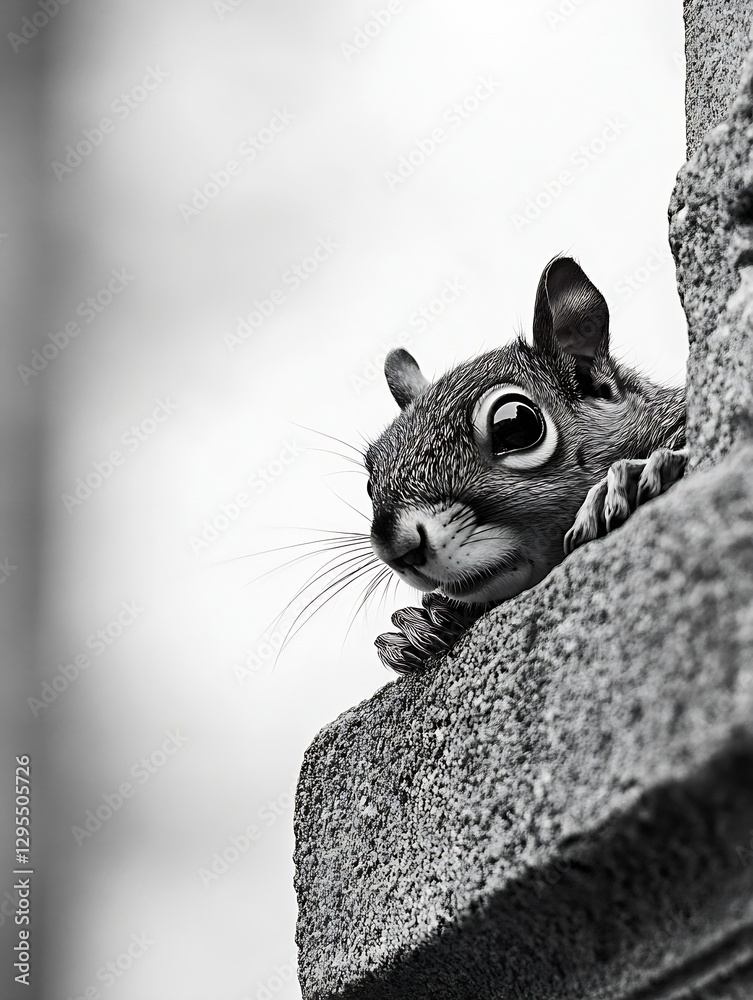Poster Captivating black and white image of a curious squirrel peeking around stone structure highlighting wildlife : Generative AI