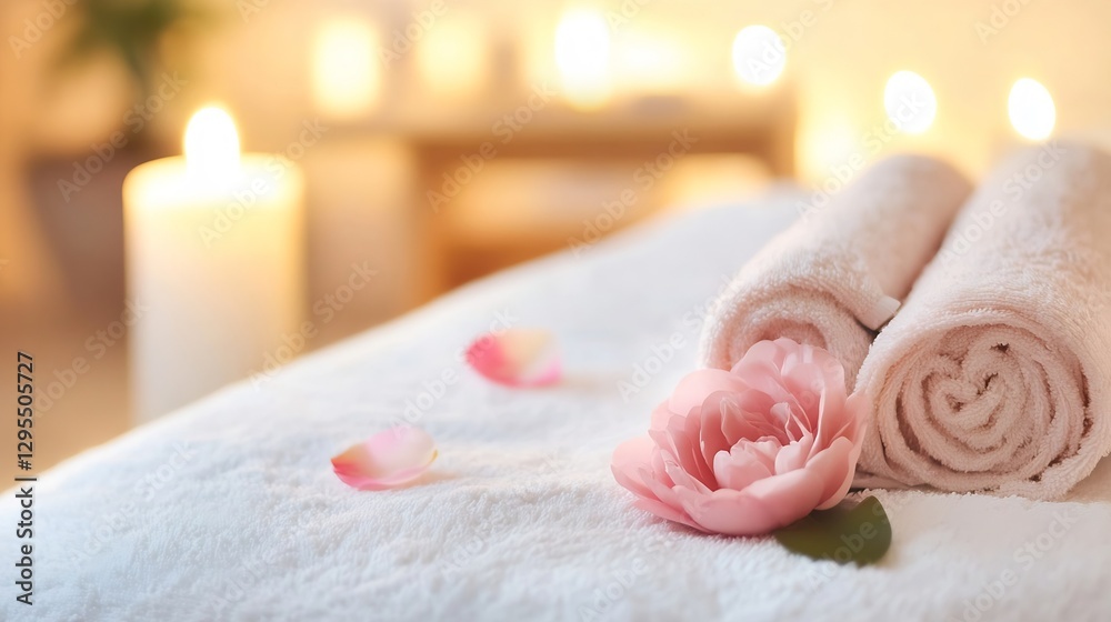 Poster Relaxing Spa Setting with Soft Towels and a Rose Petal Near Flaming Candles for a Tranquil Atmosphere : Generative AI