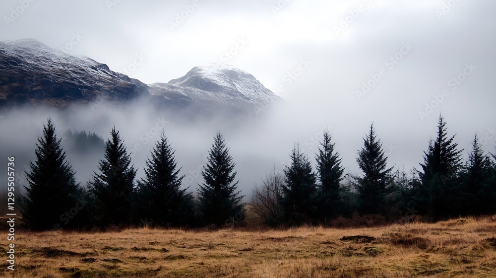 Poster foggy mountain view with evergreen trees and a snowcapped horizon : generative ai