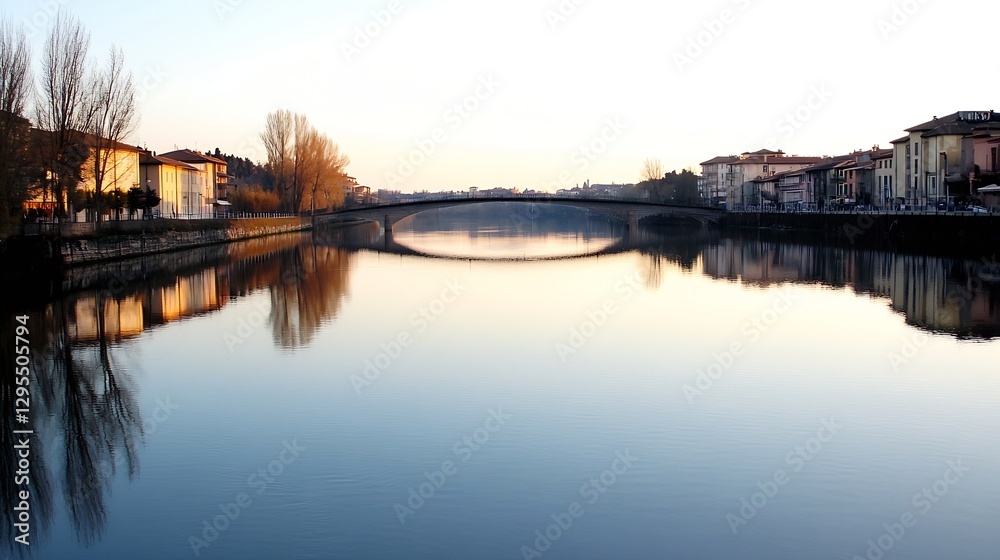 Poster scenic view of a tranquil river reflecting trees and buildings under serene sunset hues at twilight 