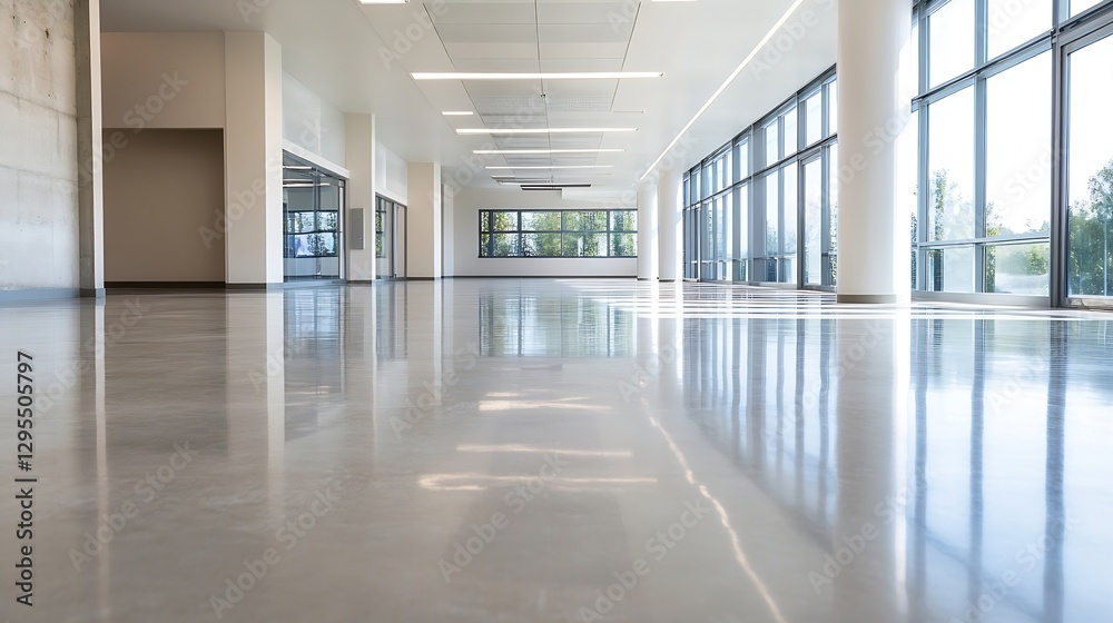 Poster bright and spacious modern interior with sleek floors and large windows : generative ai