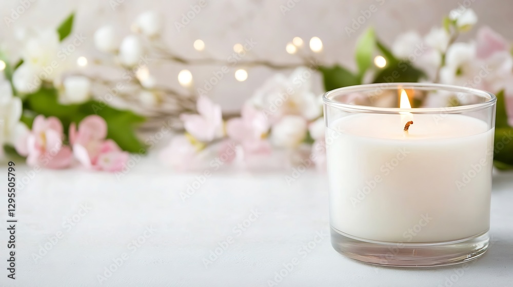 Poster burning scented candle surrounded by beautiful flowers creating a serenity vibe : generative ai