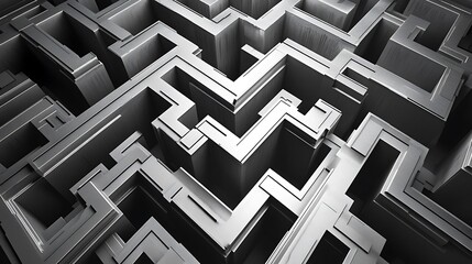 A sleek monochrome maze of overlapping rectangles and hexagons, featuring a gradient of metallic silver tones, with glowing highlights and sharp lines,