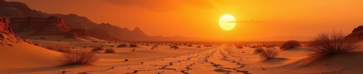 Sweltering desert landscape with cracked earth and dry vegetation, searing sun, desert landscape, burning earth