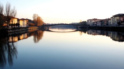 Fototapeta premium Scenic view of a tranquil river reflecting trees and buildings under serene sunset hues at twilight : Generative AI