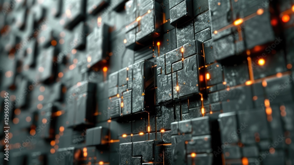 Poster abstract metallic geometric blocks in grey and gold. abstract artwork of 3d rendering art with geome