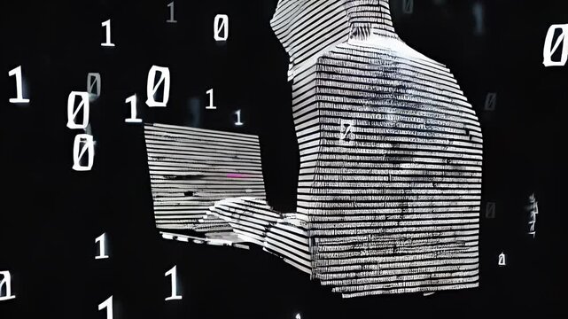 white ascii text in the shape of a Computer Hacker on a black background