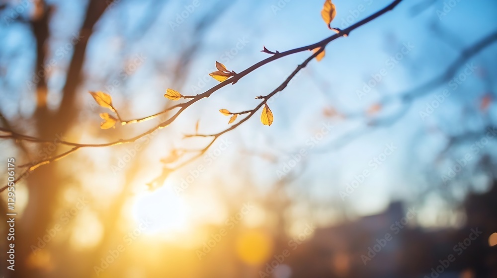 Aufkleber delicate tree branches in soft sunlight with fresh leaves signaling spring's arrival : generative ai