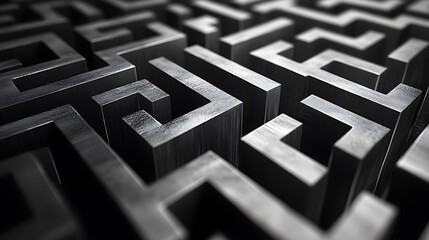 A sleek monochrome maze of overlapping rectangles and hexagons, featuring a gradient of metallic silver tones, with glowing highlights and sharp lines,