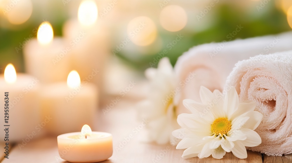 Poster Relaxing Spa Setting with Soft Towels Candles and White Flowers Creating a Calming Ambiance : Generative AI