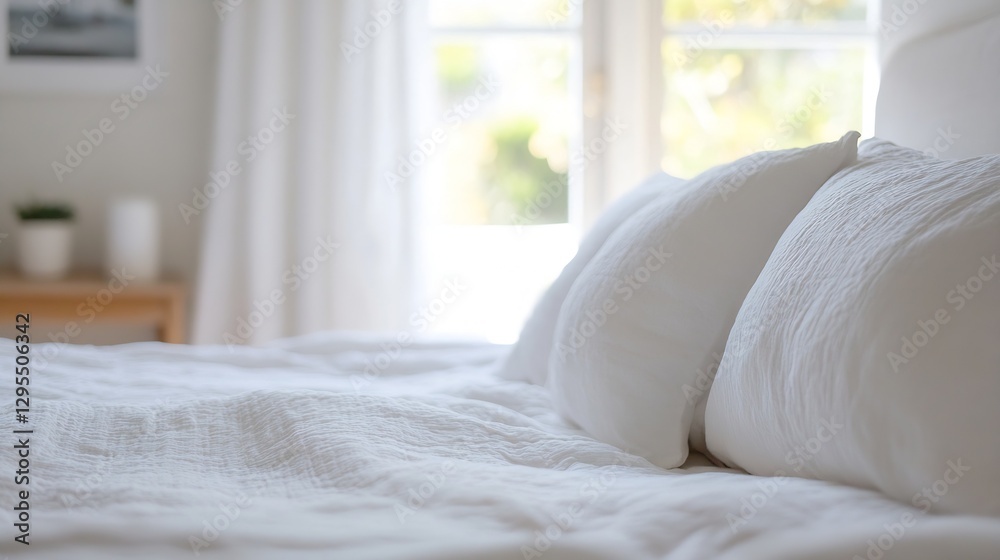 Poster cozy and inviting bedroom with white linens and bright sunlight streaming through the window : gener