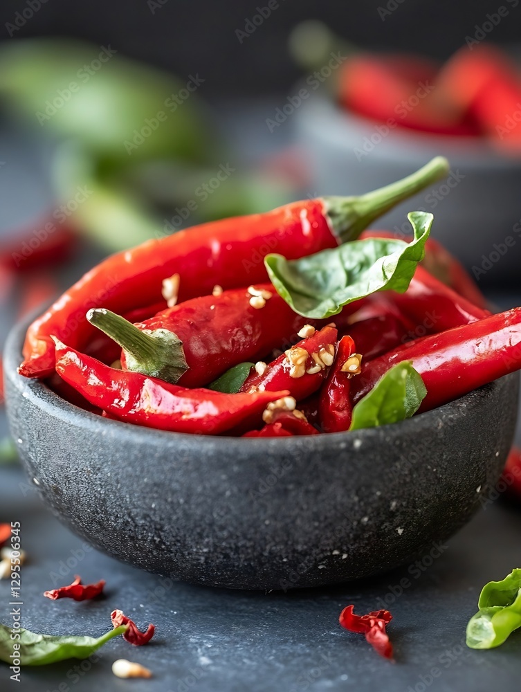 Poster vibrant red chili peppers mixed with green basil leaves in a rustic stone bowl on a dark background 