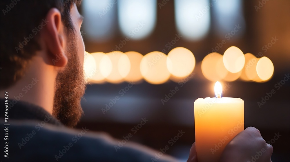 Poster man holding candle in dim light with blurred background of lit candles : generative ai